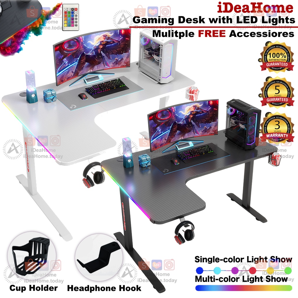 L-Shape RGB Gaming Desk with Led Lights, Table Computer Workstation with LED RGB Lights, Headphone Hook and Cup Holder for Home