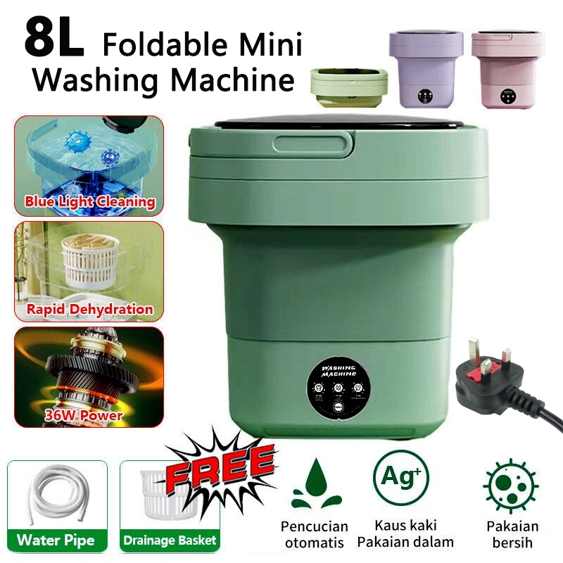 SG Selle 8L UK Foldable Washing Machine Portable Electronic Mini Washing Machine With Drain Basket Socks Underwear Small